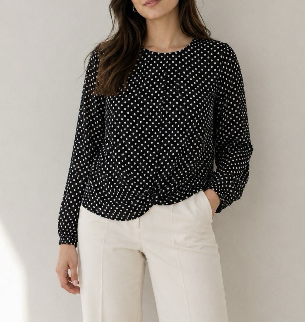 Ketz-ke Black White Polka Dot Twist Front Blouse Sheer Size Small S